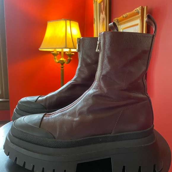 〰️ Zara Chucky Platform Sole Boots Lug-Sole Combat Boots in Burgundy Leather 〰️ - Picture 4 of 12
